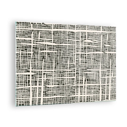 Quadro em vidro - Uma abstração em preto e branco que lembra uma grade de pontos. - 70x50cm - Uma composição tecida - Decoração de parede moderna para a sala de estar e quarto ARTTOR