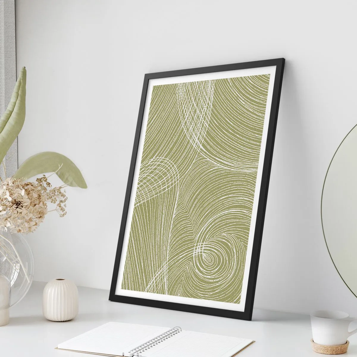 Pôster com moldura preta - Uma composição abstrata em tons de verde com linhas dinâmicas. - 50x70cm - Abstração intrincada em branco - Decoração de parede moderna para a sala de estar e quarto ARTTOR