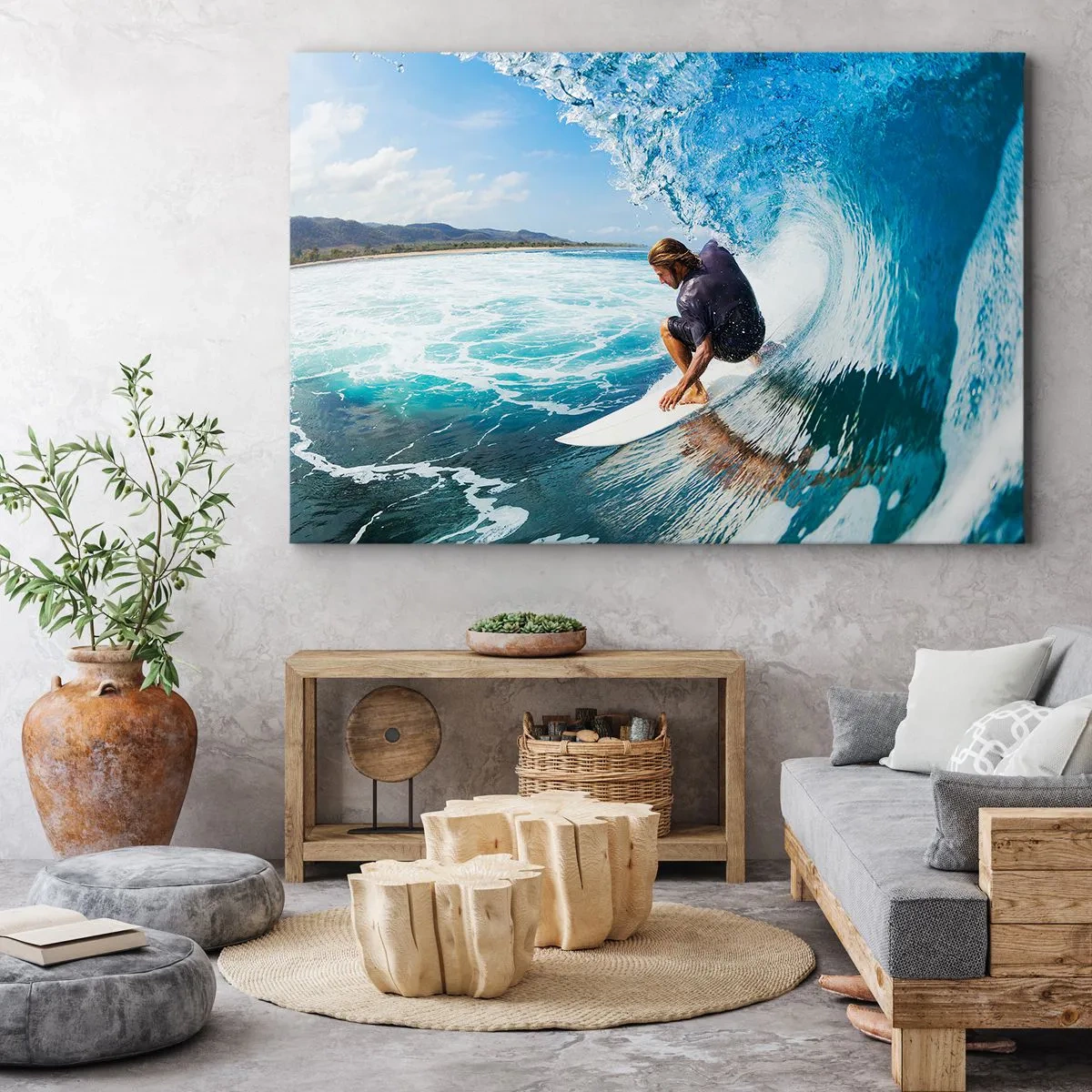 Quadro em tela - Um surfista em pose dinâmica em uma onda em água azul-turquesa. - 70x50cm - Dançando com as ondas - Decoração de parede moderna para a sala de estar e quarto ARTTOR