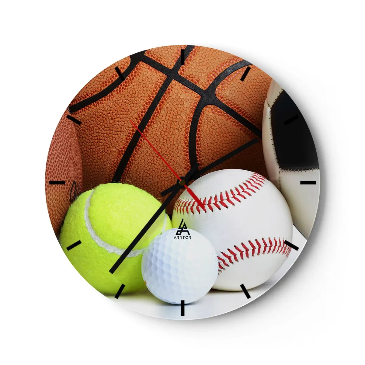 Relógio de parede - Relógio em vidro - Bolas esportivas em diversas disciplinas - 30x30cm - Adoramos uma bola! - Decoração de parede moderna para a sala de estar, cozinha e quarto ARTTOR