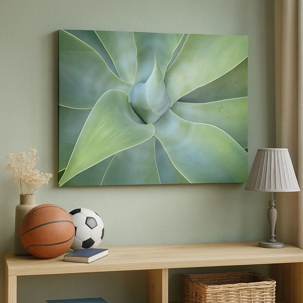Quadro em tela - Folhas sutis de agave em tons de verde - 70x50cm - O nascimento da vegetação - Decoração de parede moderna para a sala de estar e quarto ARTTOR