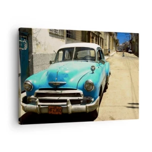 Quadro em tela - Um carro clássico azul na rua em um dia ensolarado - 70x50cm - Evviva Cuba! - Decoração de parede moderna para a sala de estar e quarto ARTTOR