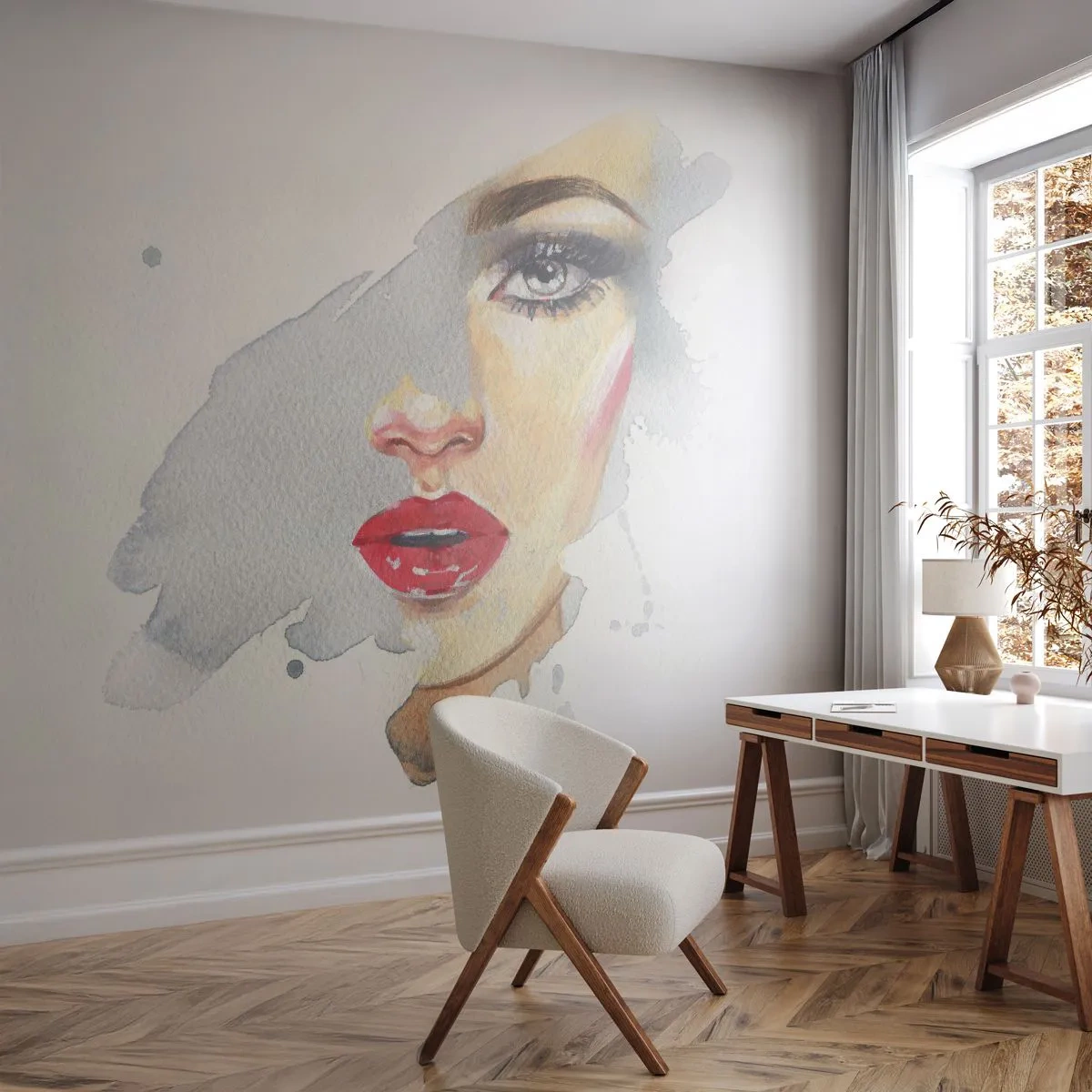 Papel de Parede Autocolante Deluxe Sticker - Reflexão numa gota de água - Rosto de Mulher, Mulher, lábios vermelhos - 250x175 cm