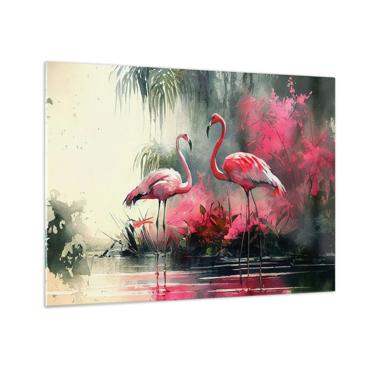 Quadro em vidro - Dois flamingos em um ambiente tropical perto da água - 70x50cm - Uma lição de graça natural - Decoração de parede moderna para a sala de estar e quarto ARTTOR