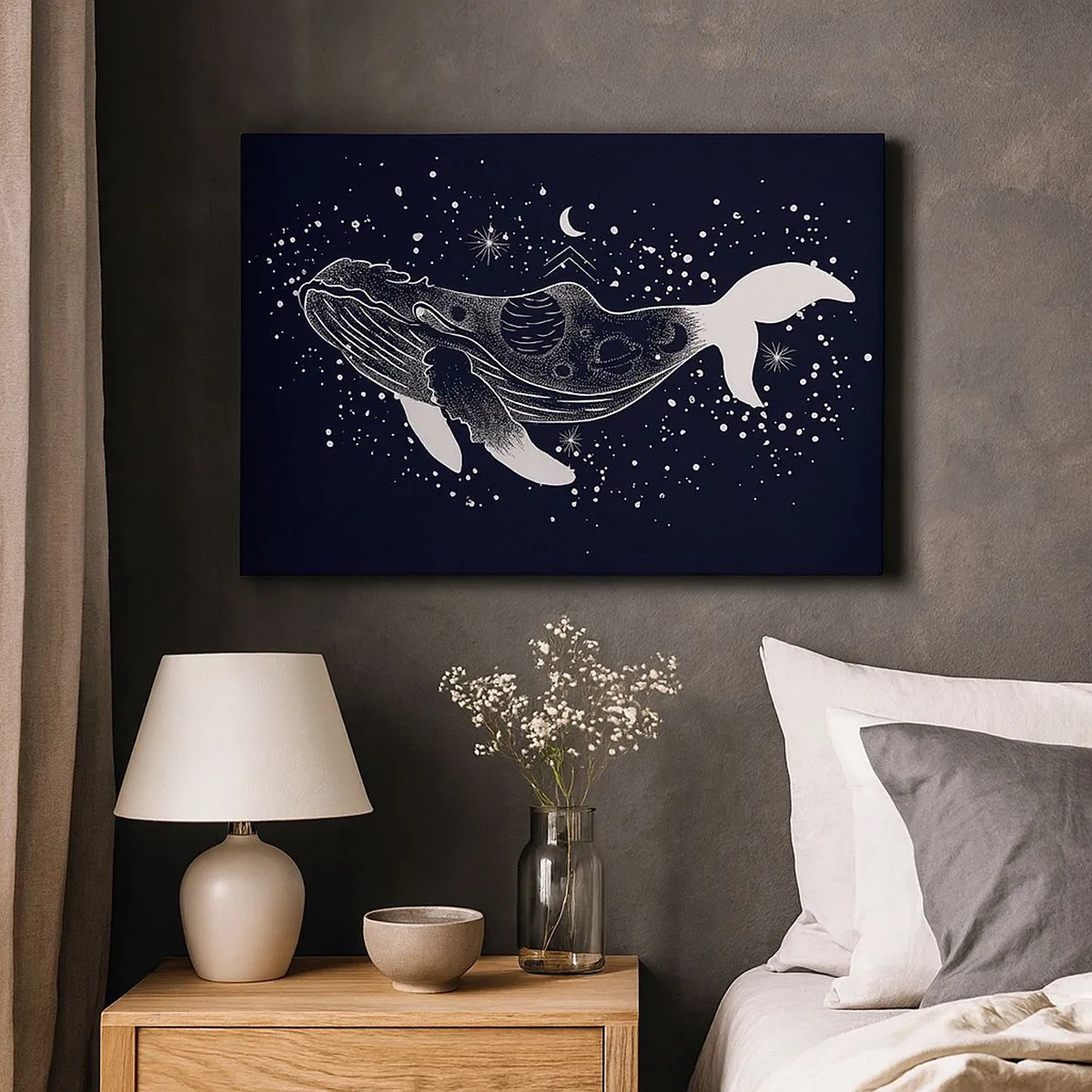 Quadro em tela - Uma ilustração gráfica de uma baleia em estilo da era espacial. - 70x50cm - No oceano do universo - Decoração de parede moderna para a sala de estar e quarto ARTTOR