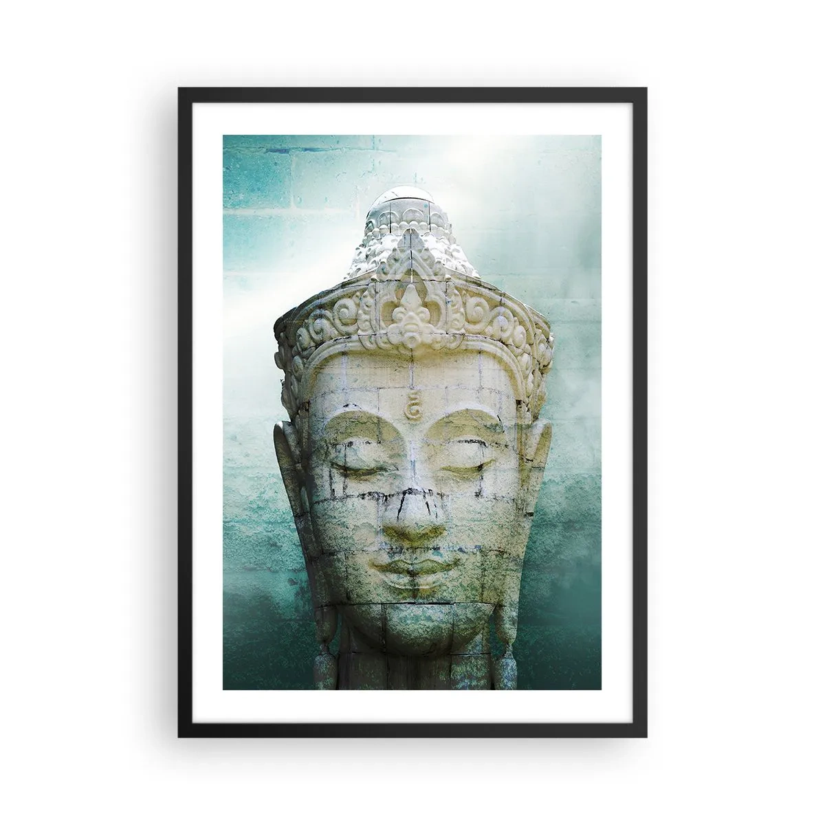 Pôster com moldura preta - Uma estátua de Buda contra um fundo de sutis tons de verde - 50x70cm - Em busca da luz - Decoração de parede moderna para a sala de estar e quarto ARTTOR