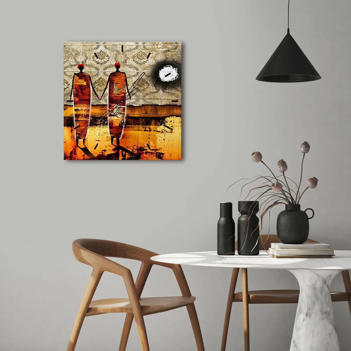 Relógio de parede - Relógio em vidro - Composição étnica nas cores da África - 40x40 cm