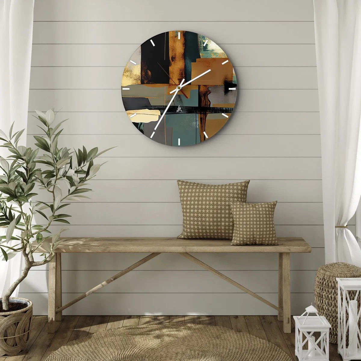 Relógio de parede - Relógio em vidro - Abstração moderna com contraste de dourado, preto e azul - 30x30cm - Abstração – luz e sombra - Decoração de parede moderna para a sala de estar, cozinha e quarto ARTTOR