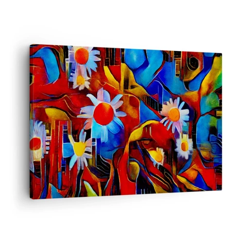Quadro em tela - Flores abstratas sobre um fundo de padrões geométricos - 70x50cm - Cores da vida - Decoração de parede moderna para a sala de estar e quarto ARTTOR