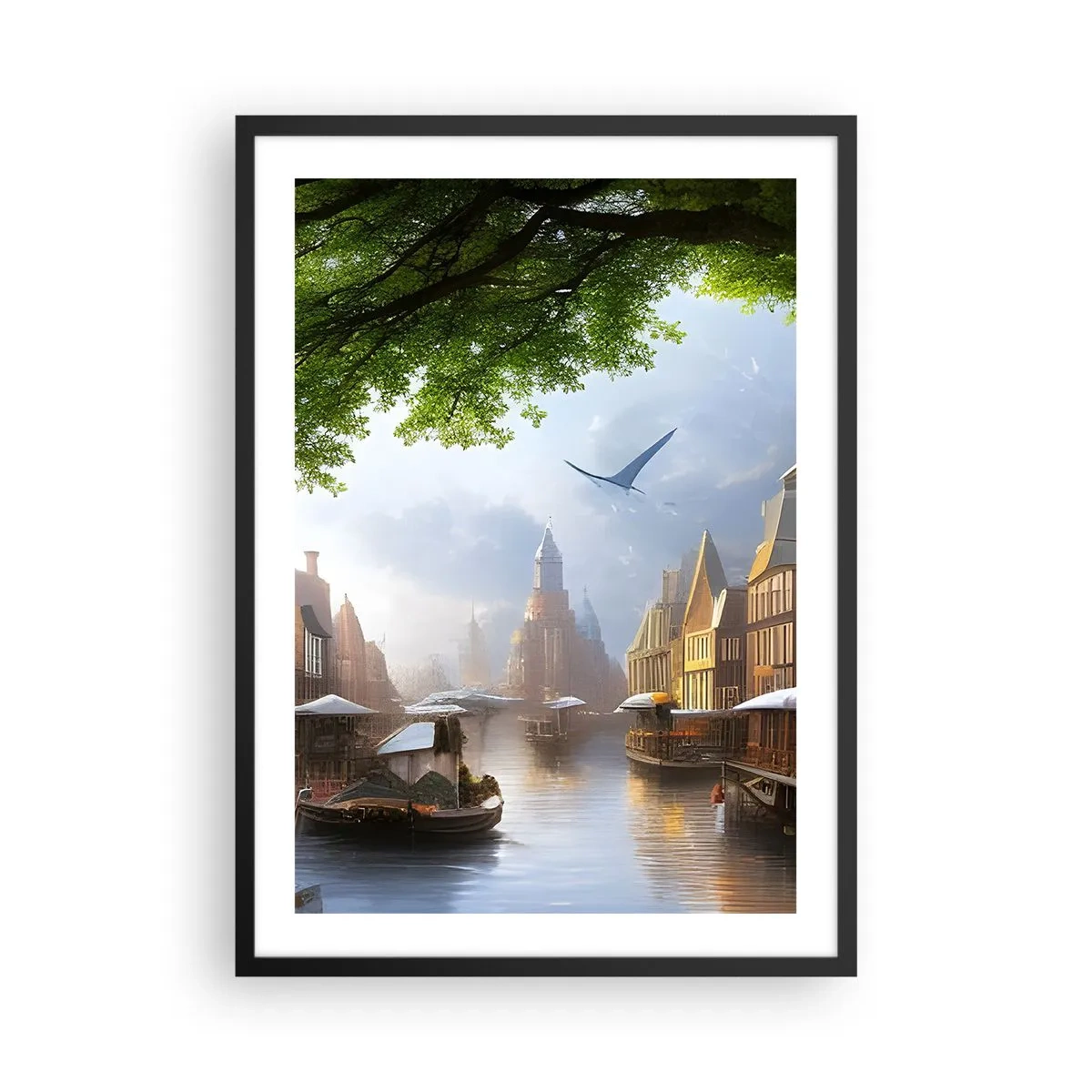 Pôster com moldura preta - Vista pitoresca do canal com arquitetura histórica - 50x70cm - Paisagem urbana holandesa - Decoração de parede moderna para a sala de estar e quarto ARTTOR