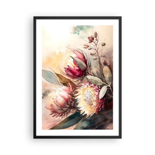 Pôster com moldura preta - Um buquê de flores de protea em cores delicadas - 50x70cm - De perfil e de frente - Decoração de parede moderna para a sala de estar e quarto ARTTOR