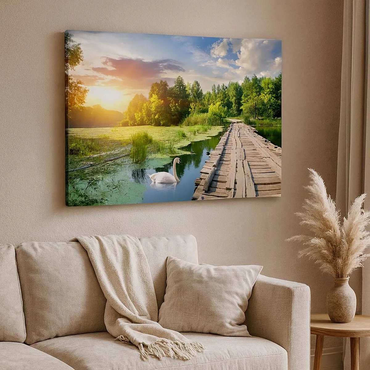 Quadro em tela - Uma paisagem pitoresca com uma ponte e um cisne - 70x50cm - Verão em todos os lugares - Decoração de parede moderna para a sala de estar e quarto ARTTOR