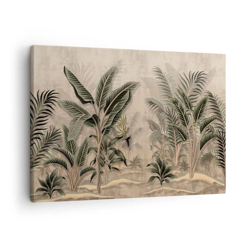 Quadro em tela - Palmeiras e vegetação tropical em tons de verde sobre fundo bege - 70x50cm - Gravura em estilo colonial - Decoração de parede moderna para a sala de estar e quarto ARTTOR