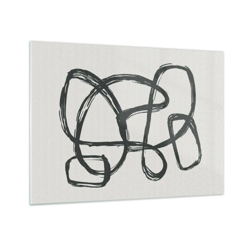 Quadro em vidro - Laços e linhas pretas formam uma composição abstrata sobre um fundo branco. - 70x50cm - Abstração em loop - Decoração de parede moderna para a sala de estar e quarto ARTTOR