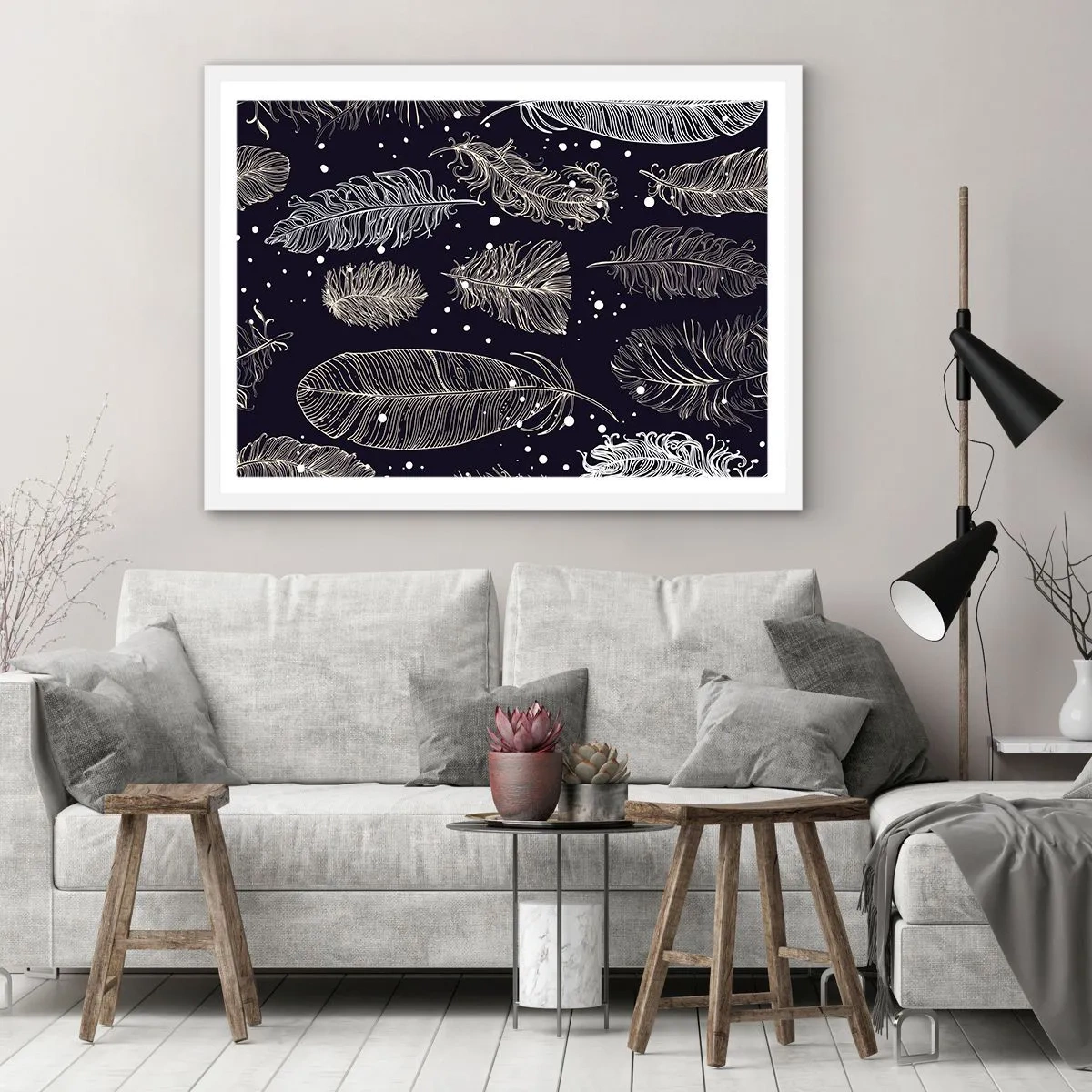 Pôster em moldura branca - Rendas de penas - 100x70 cm