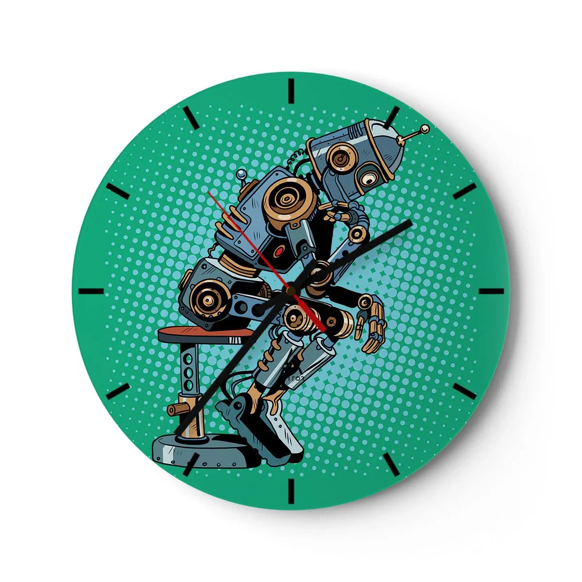 Relógio de parede - Relógio em vidro - Um robô na pose de um pensador contra um fundo verde - 30x30cm - Sobre a essência do ser - Decoração de parede moderna para a sala de estar, cozinha e quarto ARTTOR