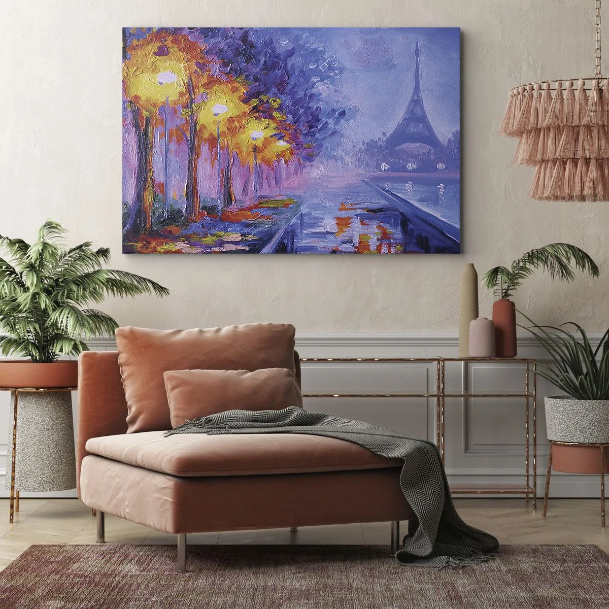 Quadro em tela - Uma avenida com lâmpadas em Paris com a Torre Eiffel ao fundo - 70x50cm - Uma caminhada dos sonhos - Decoração de parede moderna para a sala de estar e quarto ARTTOR
