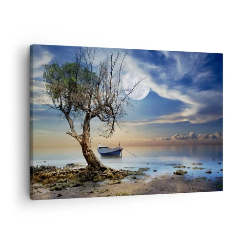 Quadro em tela - Uma árvore solitária e um barco em águas calmas sob a lua cheia. - 70x50cm - É este o fim ou o começo? - Decoração de parede moderna para a sala de estar e quarto ARTTOR