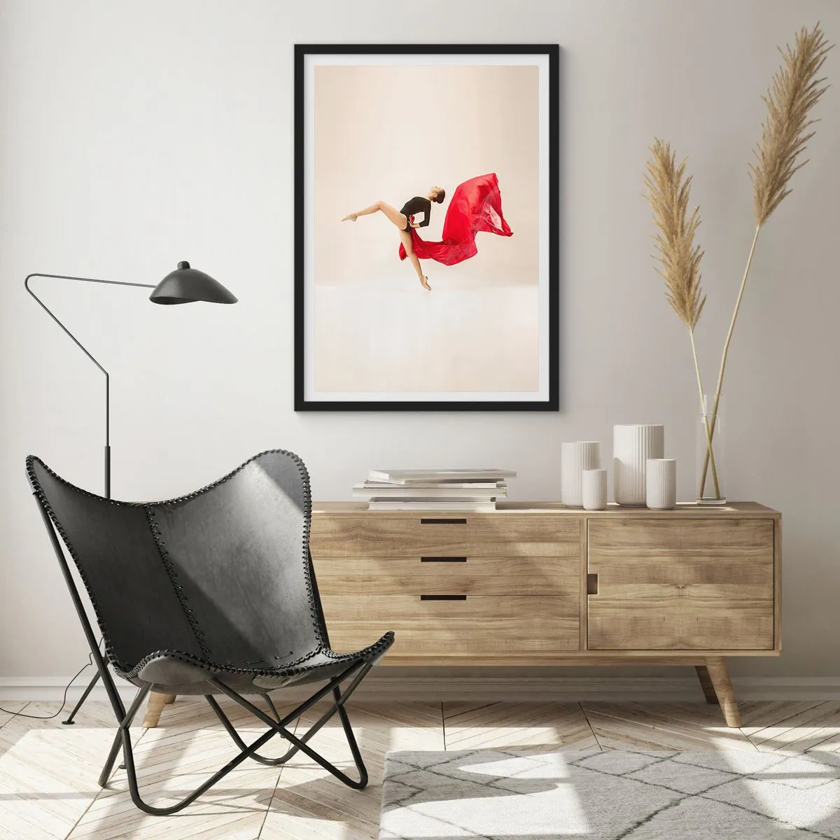 Pôster com moldura preta - Uma dançarina em uma roupa preta com tecido vermelho em movimento - 50x70cm - Vermelho e preto - Decoração de parede moderna para a sala de estar e quarto ARTTOR