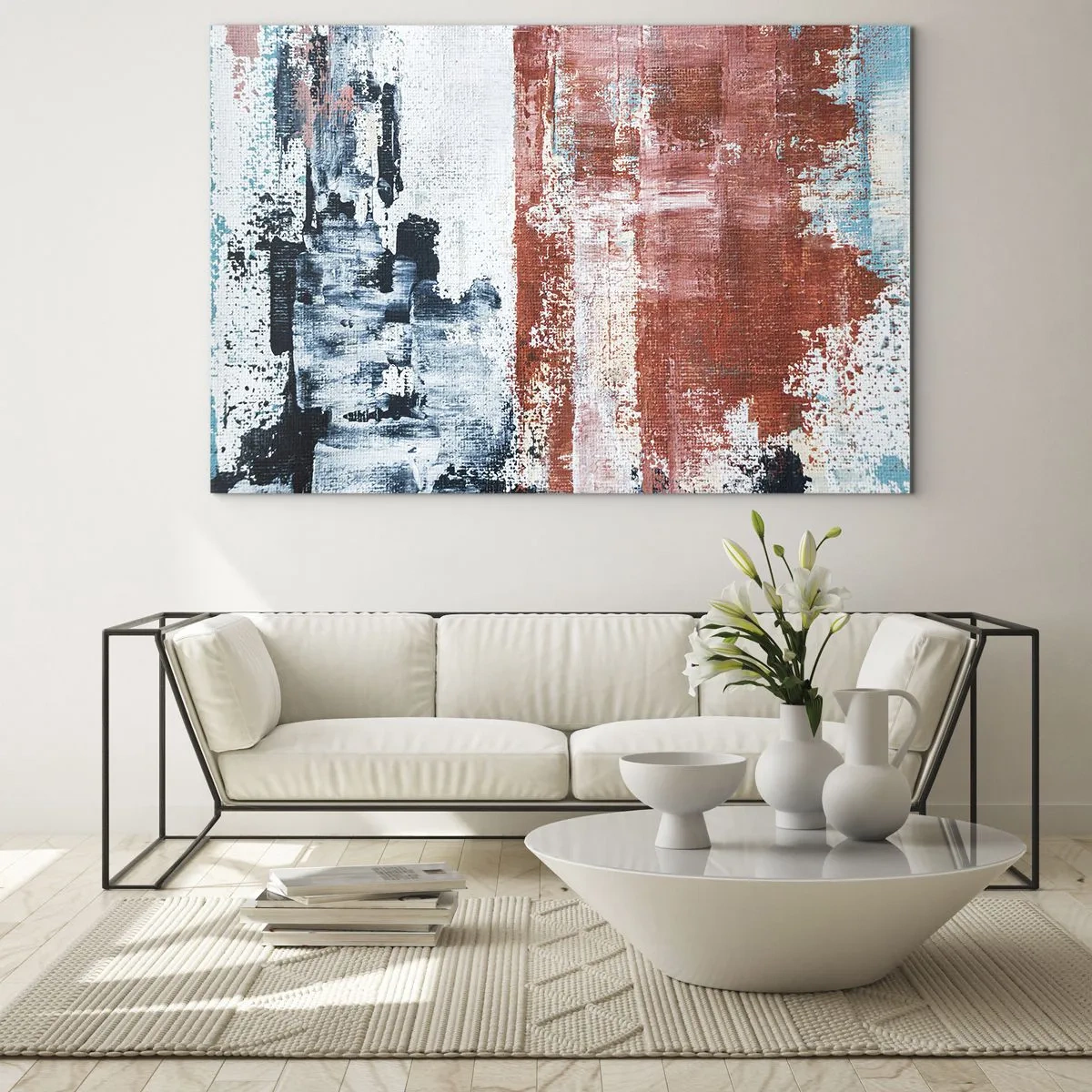 Quadro em vidro - Uma combinação abstrata de azul e vermelho enferrujado - 70x50cm - Meio a meio abstrato - Decoração de parede moderna para a sala de estar e quarto ARTTOR