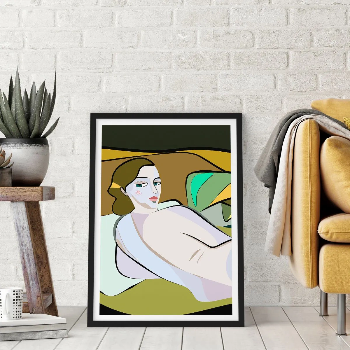 Pôster com moldura preta - Uma mulher em estilo abstrato sobre um fundo verde e marrom - 50x70cm - Retrato íntimo - Decoração de parede moderna para a sala de estar e quarto ARTTOR