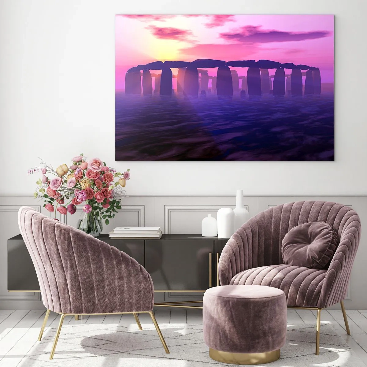 Quadro em vidro - Stonehenge à luz de um pôr do sol rosa - 70x50cm - O mistério do amanhecer no nevoeiro - Decoração de parede moderna para a sala de estar e quarto ARTTOR