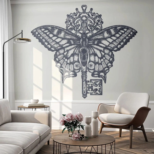 Papel de Parede Standard Eco - Borboleta estilizada com uma chave em um padrão monocromático - 100x70cm - Todos os mistérios do coração - Decoração de parede moderna para a sala de estar e quarto ARTTOR