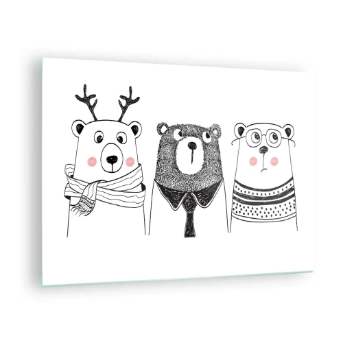Quadro em vidro - Três ursos engraçados em uma ilustração em preto e branco - 70x50cm - Urso, ursinho e ursão - Decoração de parede moderna para a sala de estar e quarto ARTTOR