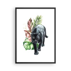 Pôster com moldura preta - Pantera negra contra um fundo de folhas tropicais - 50x70cm - Coração selvagem - Decoração de parede moderna para a sala de estar e quarto ARTTOR