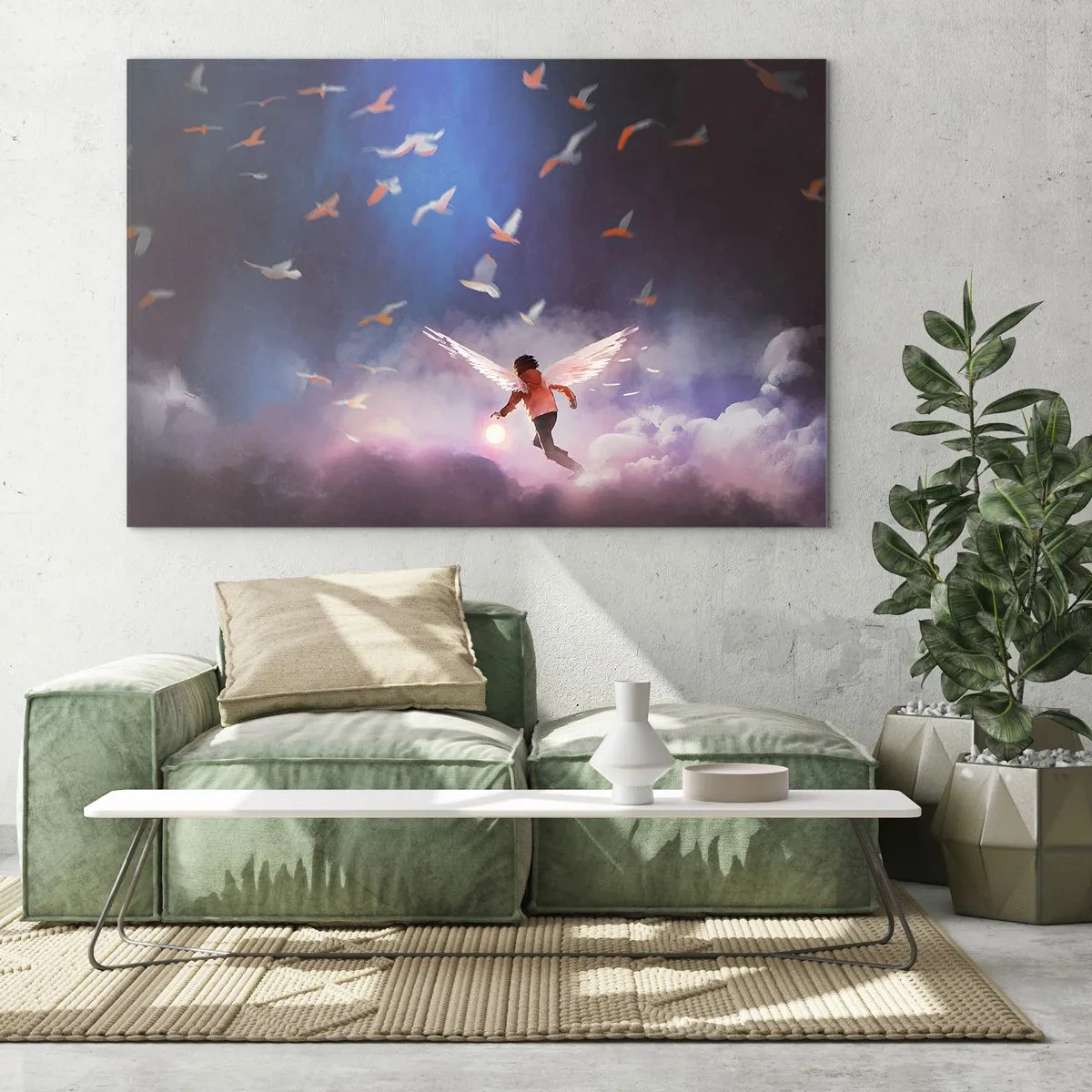 Quadro em vidro - Uma figura com asas de anjo flutuando entre as nuvens - 70x50cm - É preciso ter imaginação e coragem - Decoração de parede moderna para a sala de estar e quarto ARTTOR