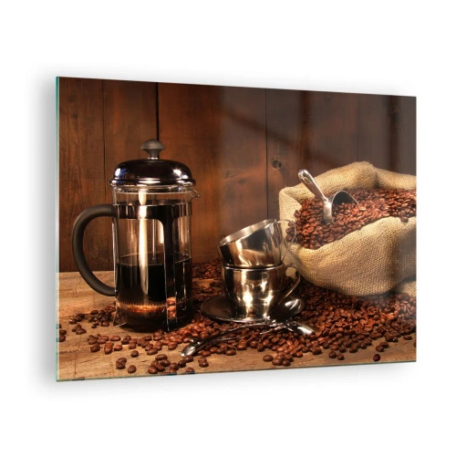 Quadro em vidro - Cafeteira, xícaras e um saco de grãos de café - 70x50cm - O charme do café - aroma e sabor - Decoração de parede moderna para a sala de estar e quarto ARTTOR