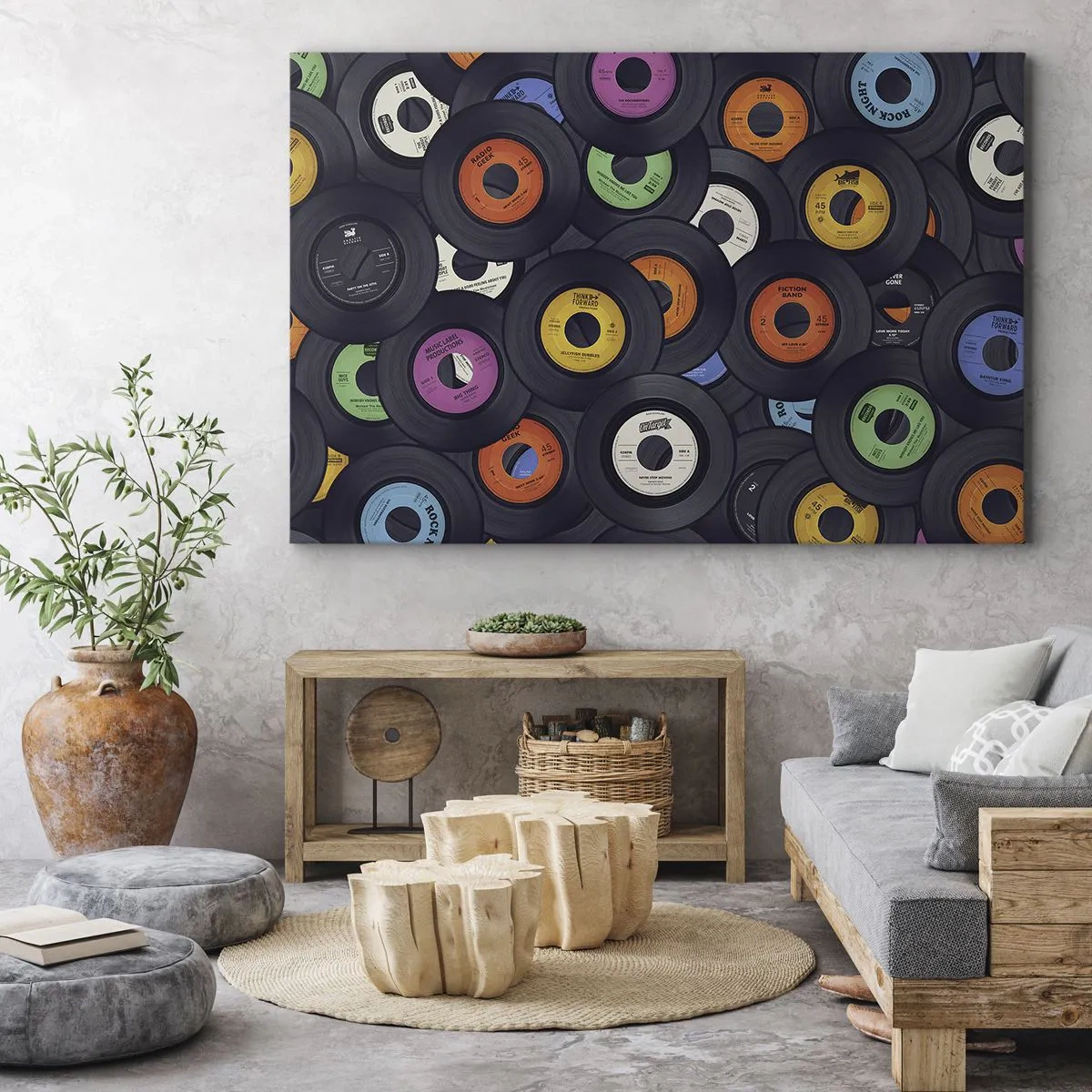 Quadro em tela - Vinis coloridos empilhados uns sobre os outros - 70x50cm - Cores dos clássicos - Decoração de parede moderna para a sala de estar e quarto ARTTOR