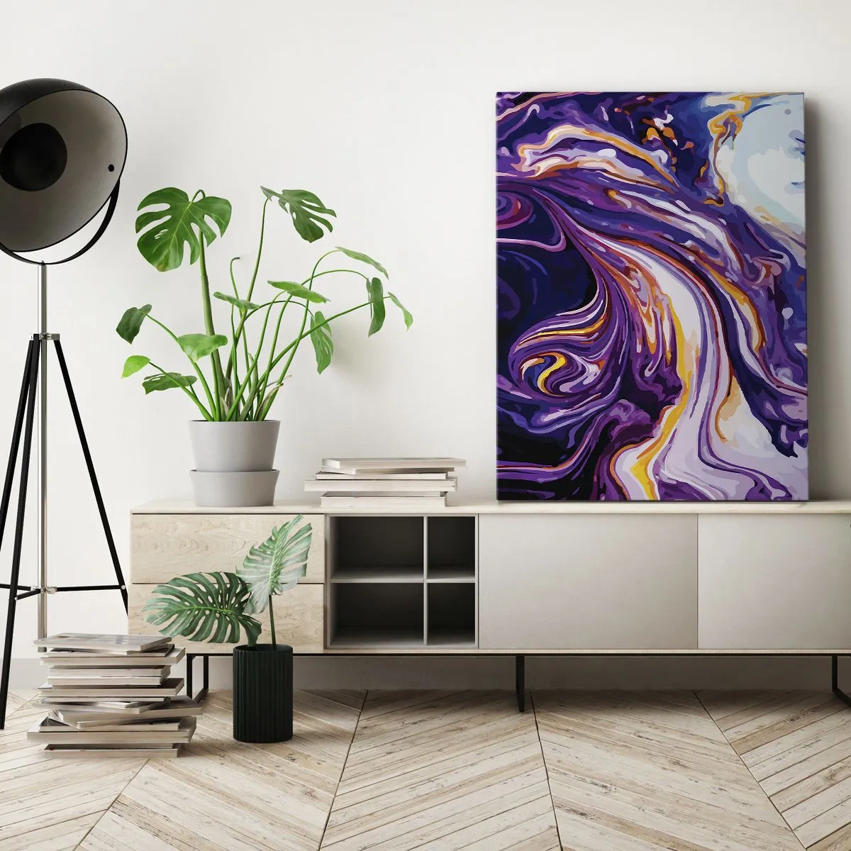 Quadro em tela - Onde o espaço se dobra em roxo - 45x80 cm