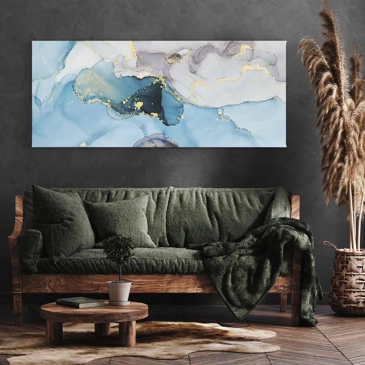 Quadro em tela - Estudo do encontro do cinza e turquesa - 100x40 cm