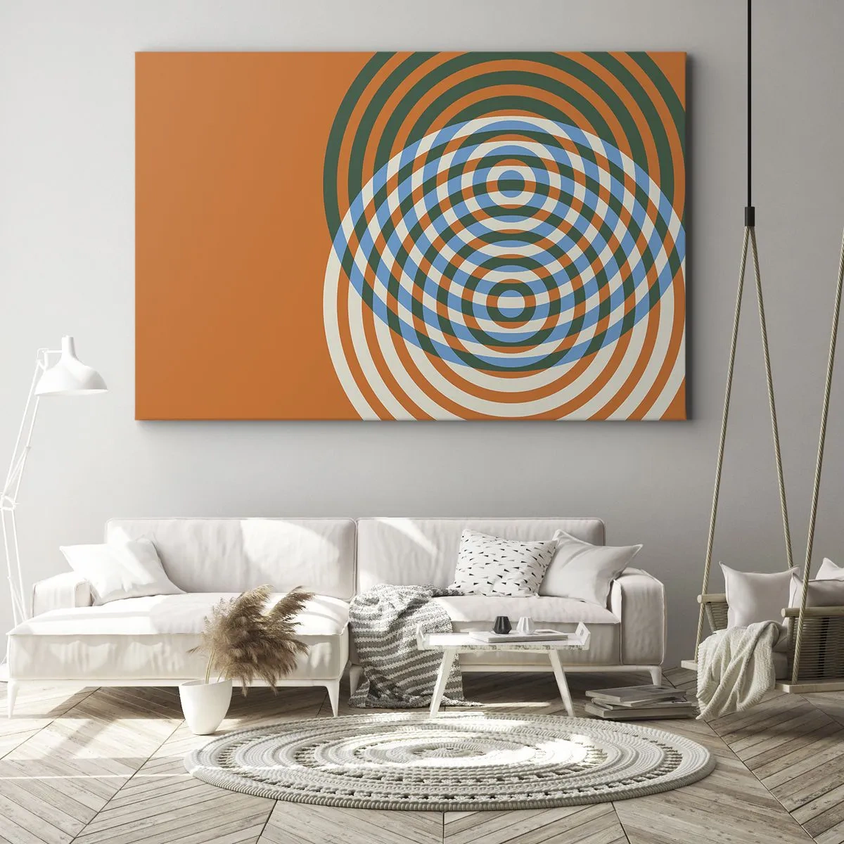 Quadro em tela - Círculos concêntricos em um fundo laranja - 70x50cm - Variação circular abstrata - Decoração de parede moderna para a sala de estar e quarto ARTTOR