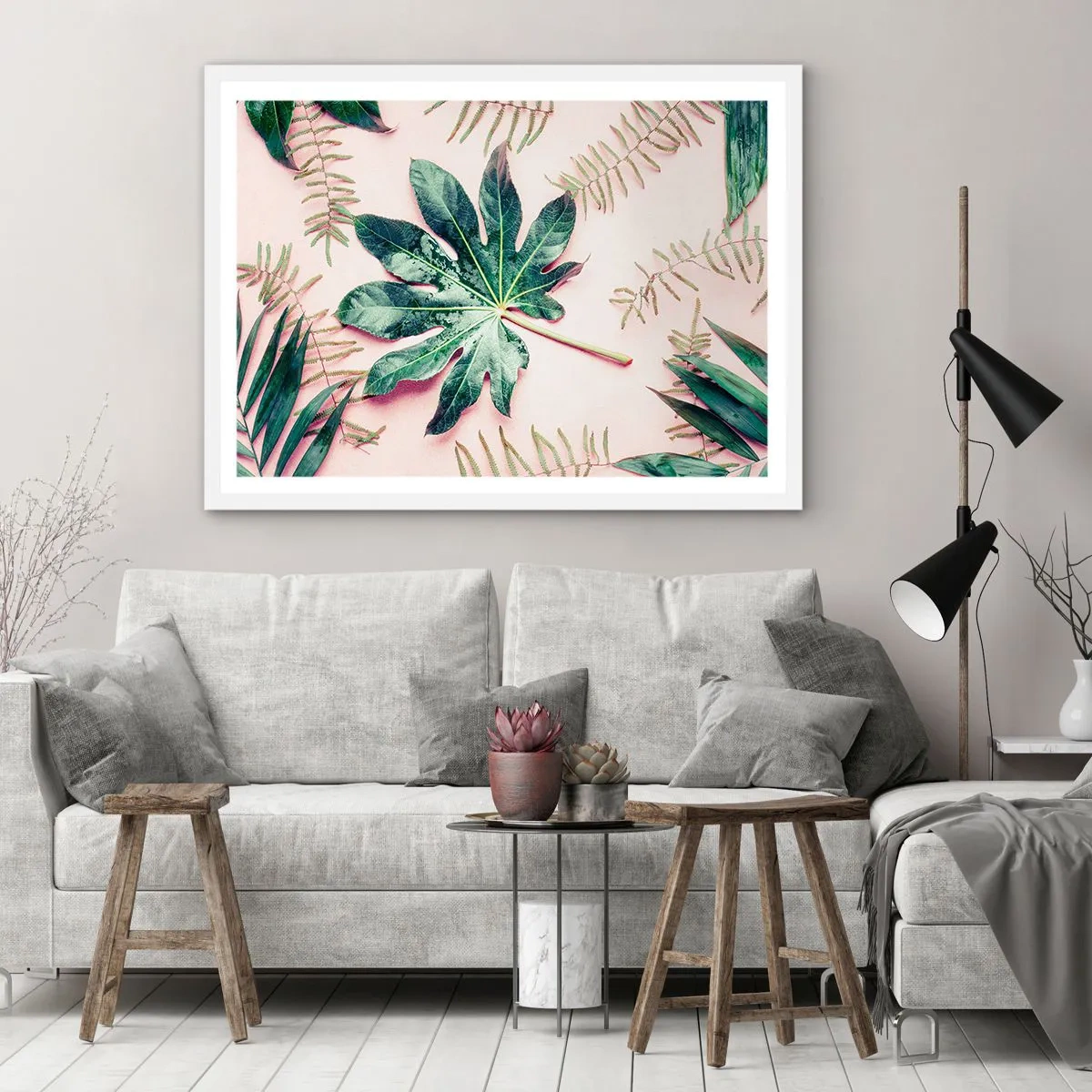 Pôster em moldura branca - Estudo do verde em um fundo rosa - 100x70 cm