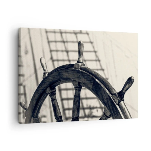 Quadro em tela - Um leme de vela em estilo retrô com um navio ao fundo - 70x50cm - Contos do mar - Decoração de parede moderna para a sala de estar e quarto ARTTOR