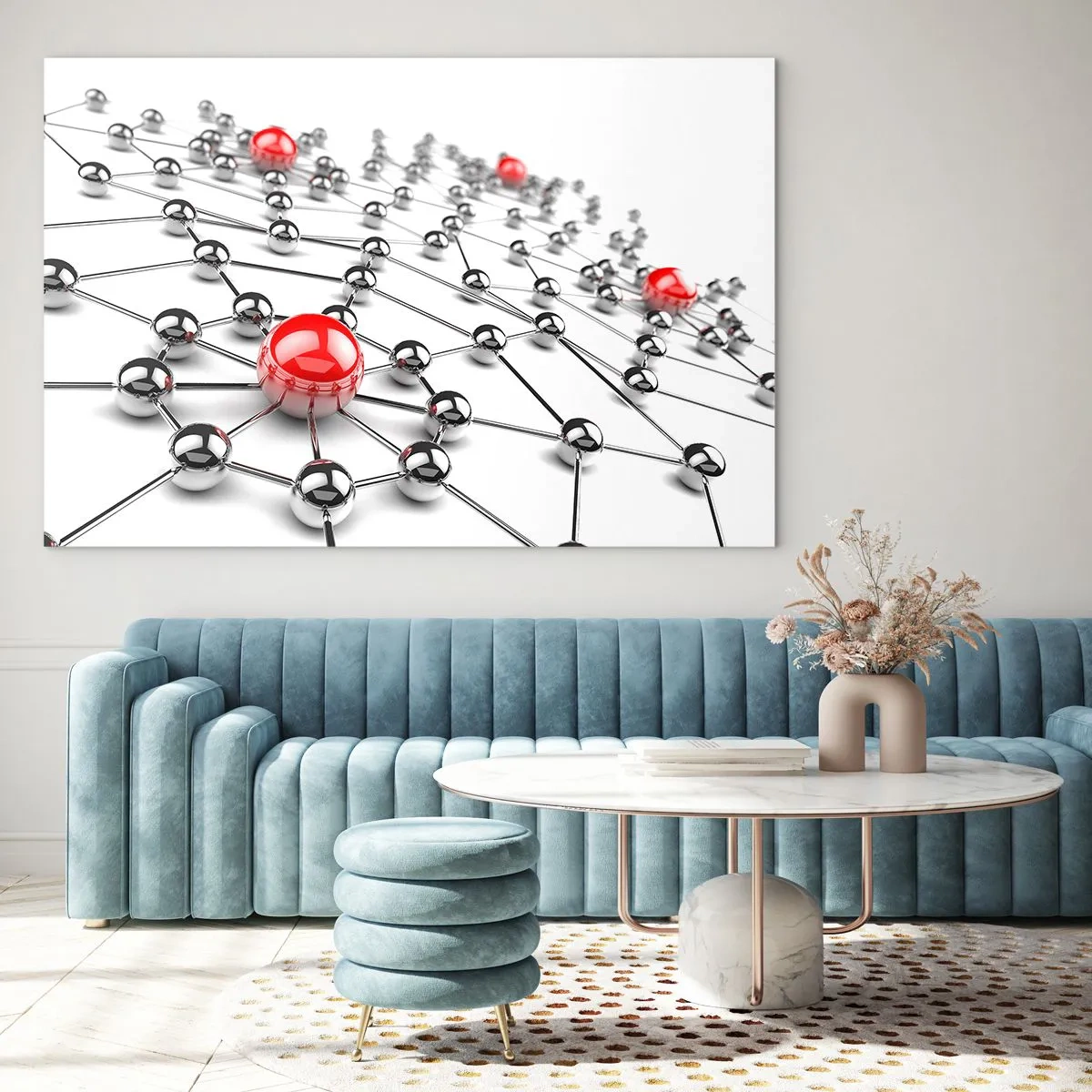 Quadro em vidro - Rede molecular de prata com detalhes em vermelho - 70x50cm - Rede de Prata - Decoração de parede moderna para a sala de estar e quarto ARTTOR