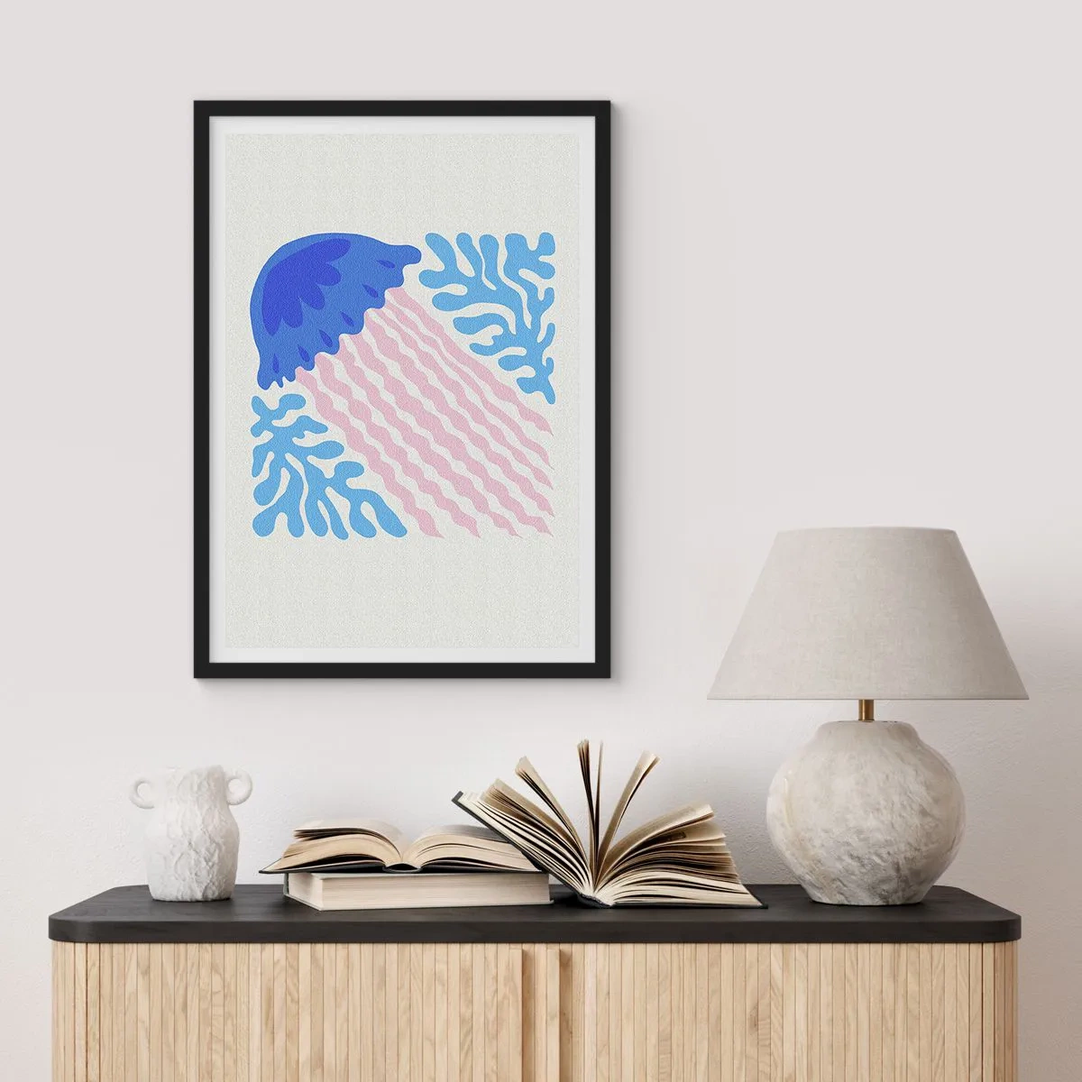 Pôster com moldura preta - Água-viva estilizada cercada por vegetação subaquática - 50x70cm - Como de outro mundo - Decoração de parede moderna para a sala de estar e quarto ARTTOR