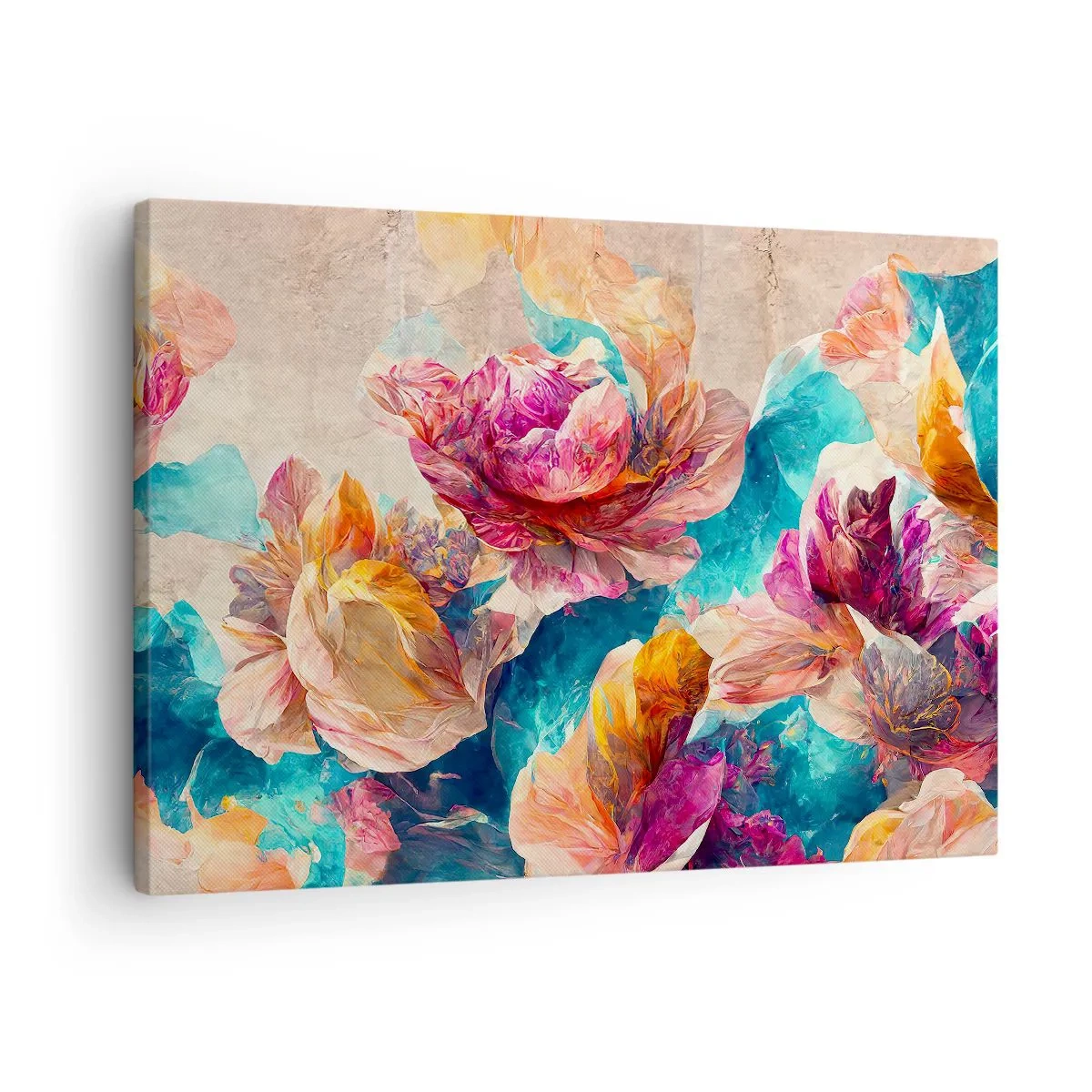 Quadro em tela - Flores coloridas em um fundo bege - 70x50cm - Esplendor colorido do buquê - Decoração de parede moderna para a sala de estar e quarto ARTTOR