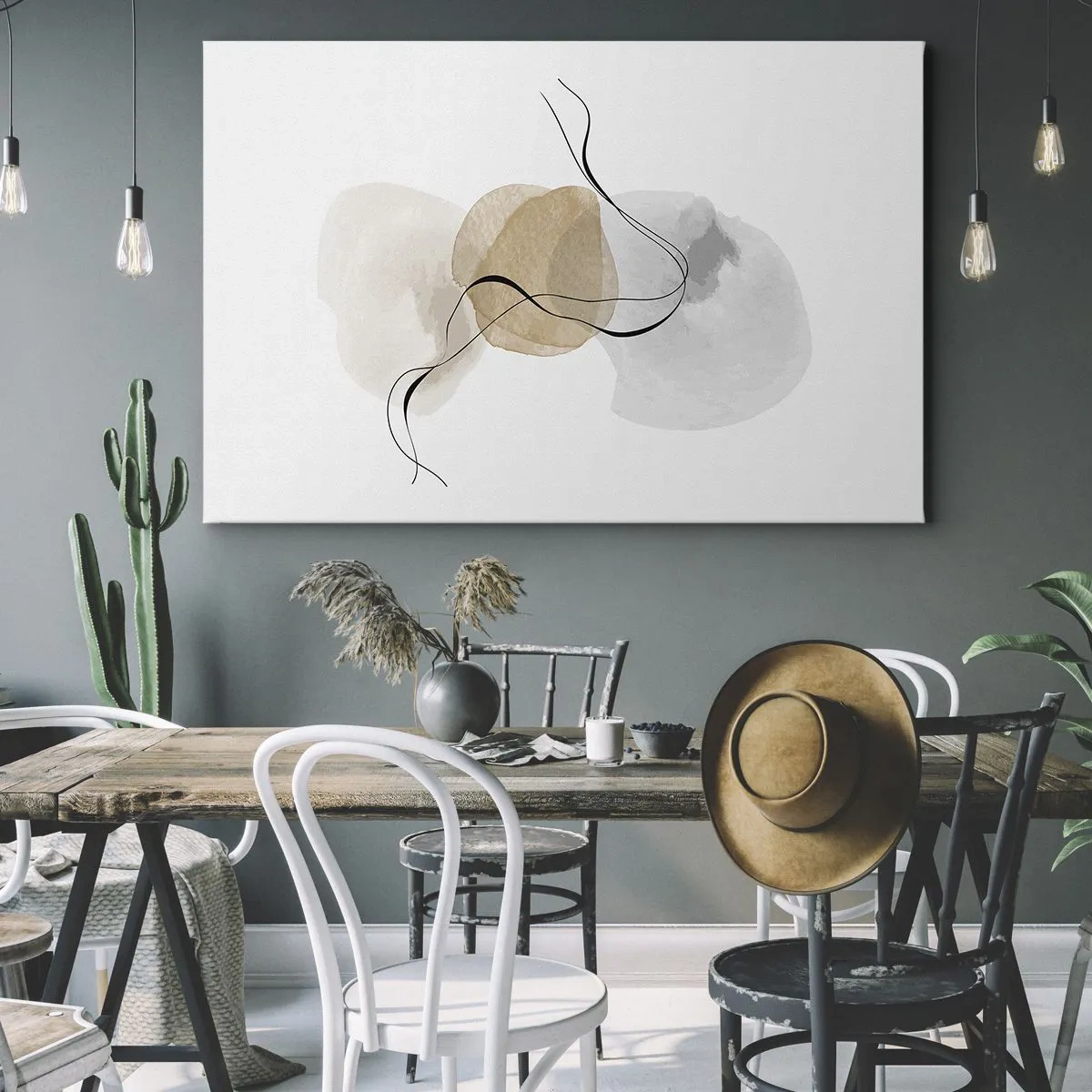 Quadro em tela - Abstração minimalista em tons de bege e cinza - 70x50cm - Contas ao vento - Decoração de parede moderna para a sala de estar e quarto ARTTOR