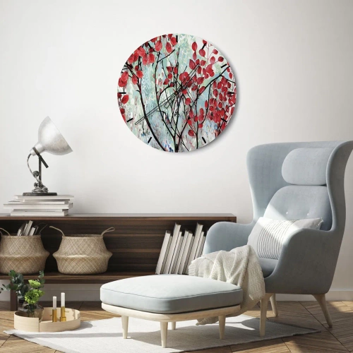Relógio de parede - Relógio em vidro - Ramos com folhas vermelhas sobre fundo pintado - 30x30cm - Árvore em escarlate - Decoração de parede moderna para a sala de estar, cozinha e quarto ARTTOR