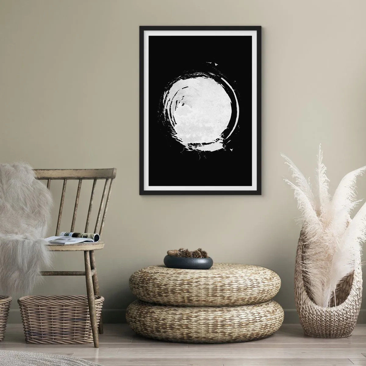 Pôster com moldura preta - Forma de círculo abstrato branco em um fundo preto - 50x70cm - Boa saída - Decoração de parede moderna para a sala de estar e quarto ARTTOR