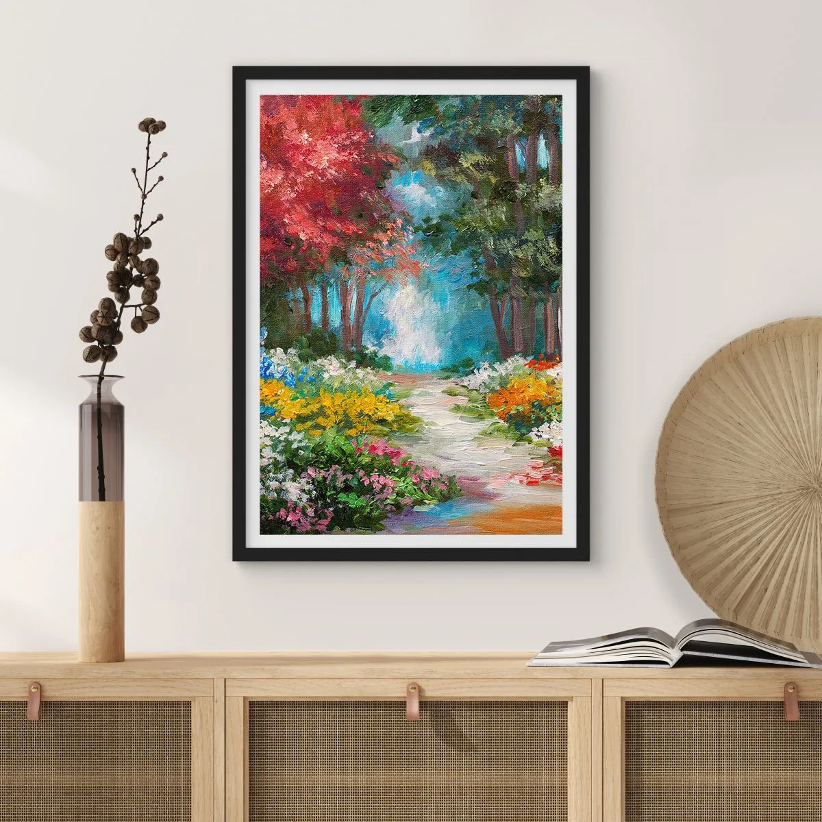 Pôster com moldura preta - Jardim florestal, floresta florida - 61x91 cm