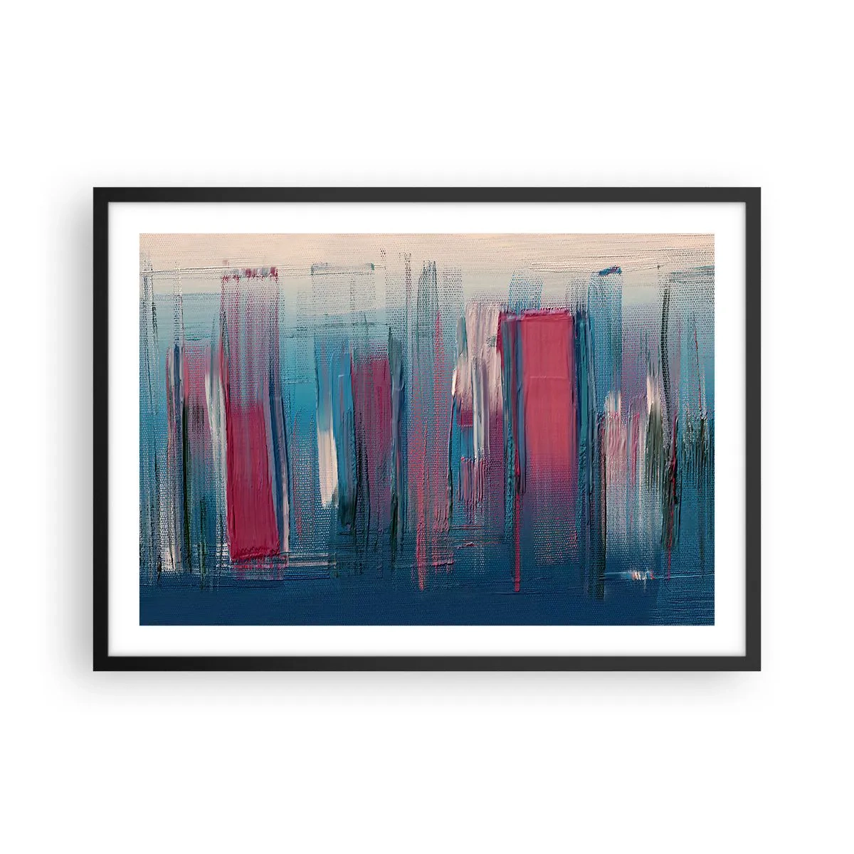 Pôster com moldura preta - Composição vertical em azul e vermelho - 70x50 cm