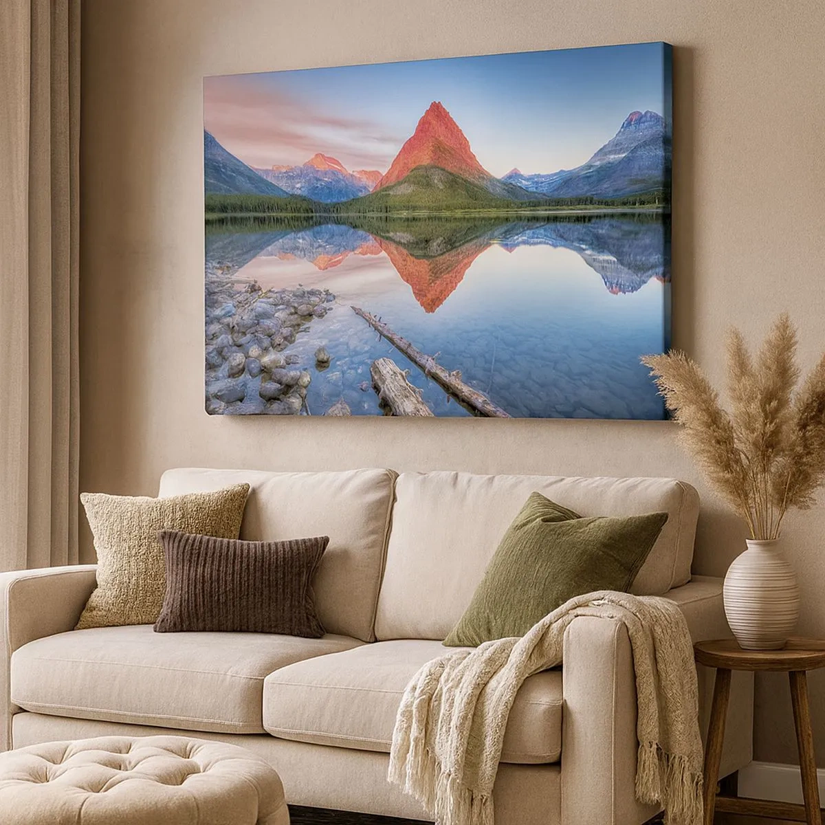 Quadro em tela - Uma montanha refletida em um lago ao pôr do sol - 70x50cm - Calor e frio - Decoração de parede moderna para a sala de estar e quarto ARTTOR