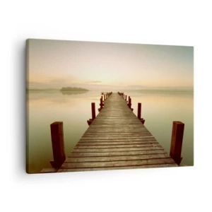 Quadro em tela - Um cais de madeira em um lago calmo pela manhã - 70x50cm - Antes do amanhecer, nascer do sol, luz - Decoração de parede moderna para a sala de estar e quarto ARTTOR