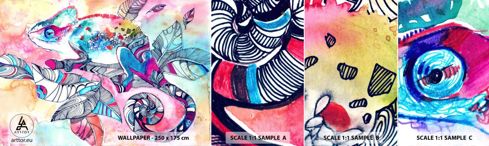 Amostra de papel de parede autocolante Deluxe Sticker - Colorido como o nosso mundo - Camaleão, Abstração, Natureza - 100x30 cm