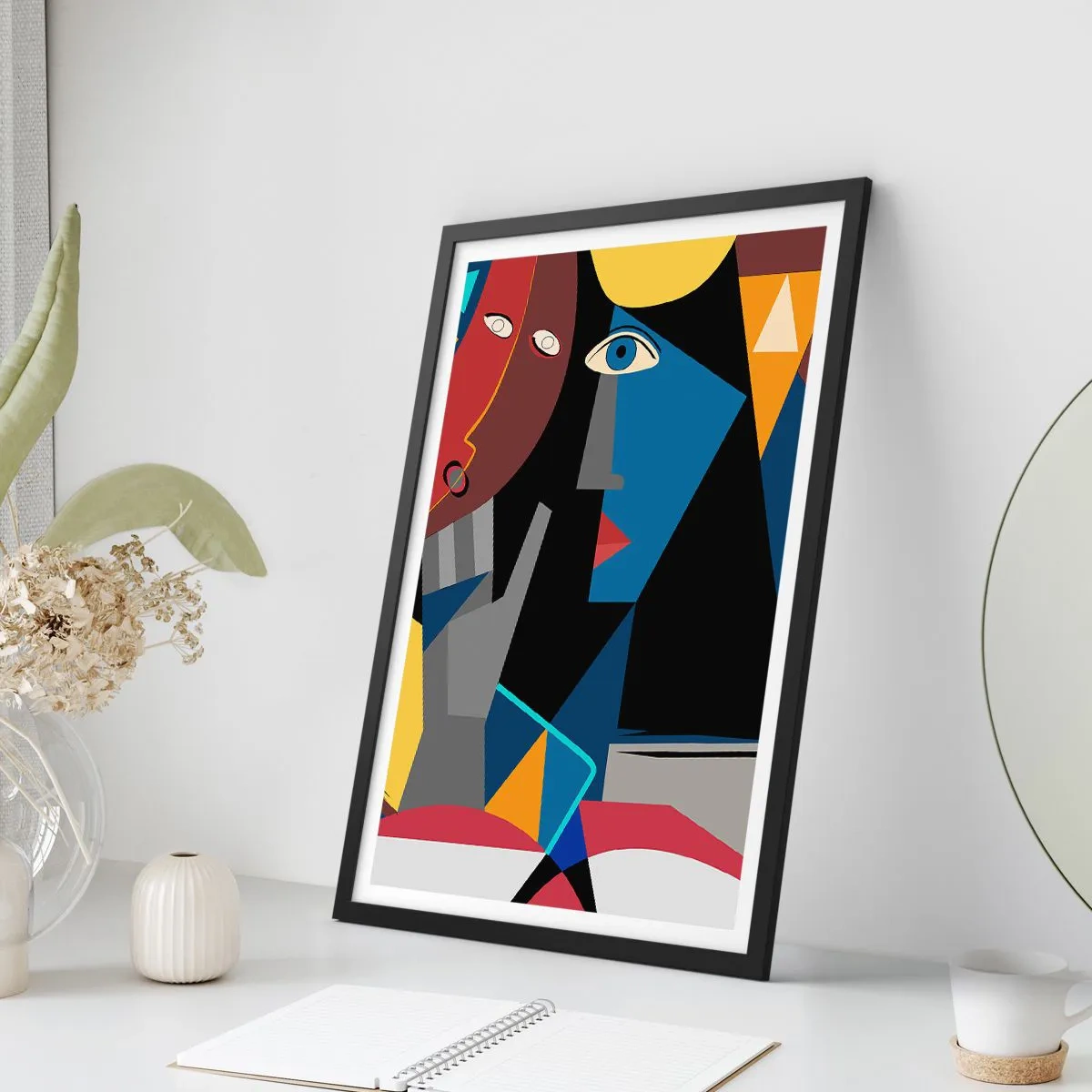 Pôster com moldura preta - Abstração cubista de um rosto em cores vivas - 50x70cm - Uma conversa entre cubistas - Decoração de parede moderna para a sala de estar e quarto ARTTOR
