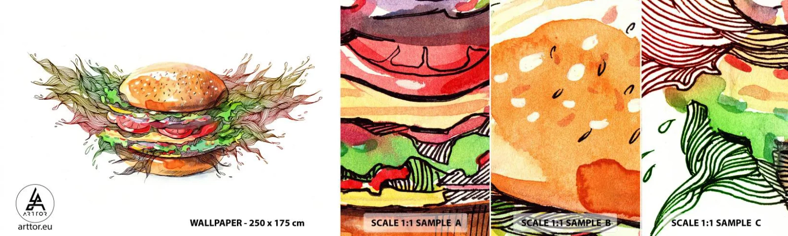 Amostra de papel de parede autocolante Deluxe Sticker - Tentação quente - Gastronomia, Hamburger, Culinária - 100x30 cm